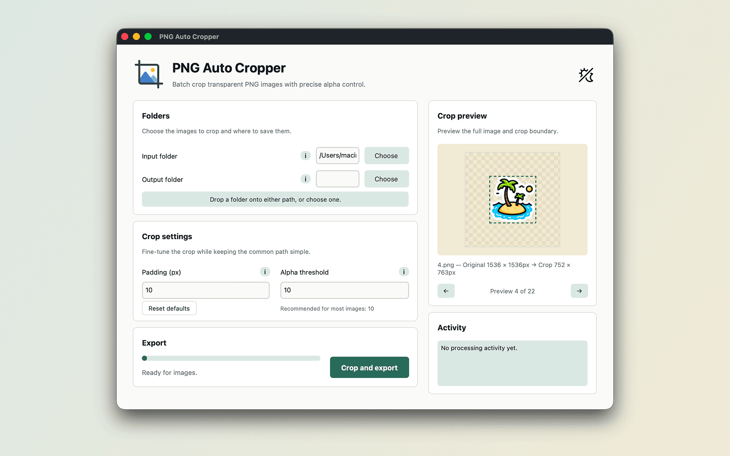 PNG Auto Cropper showing folder controls, crop settings, a transparent image preview, and export controls